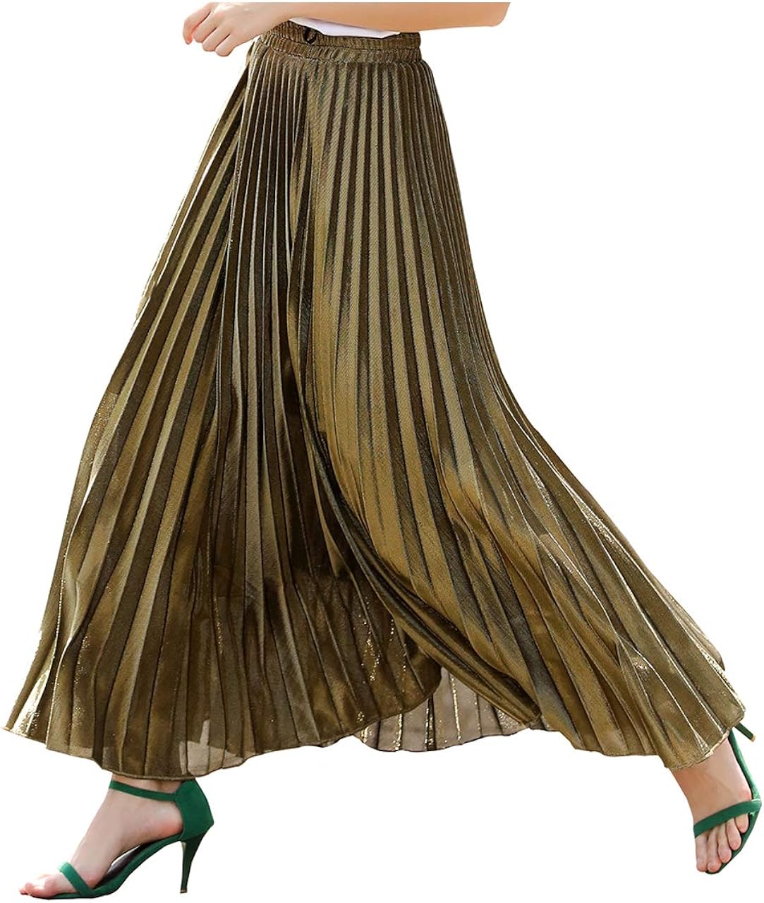 omzin 女式优质金属闪耀手风琴褶皱长款超长裙